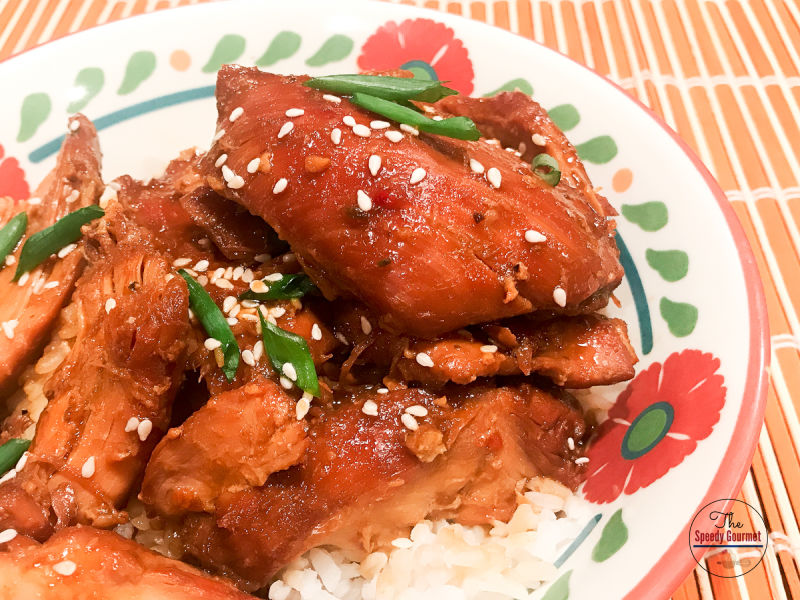 Chicken thighs simmered in soy sauce and ginger