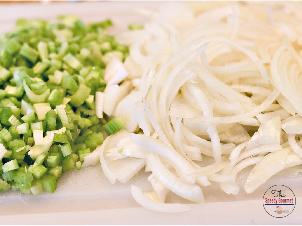 Sliced onions and diced celery