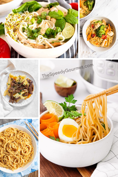 5 photos of different noodle recipes that were made using an instant pot