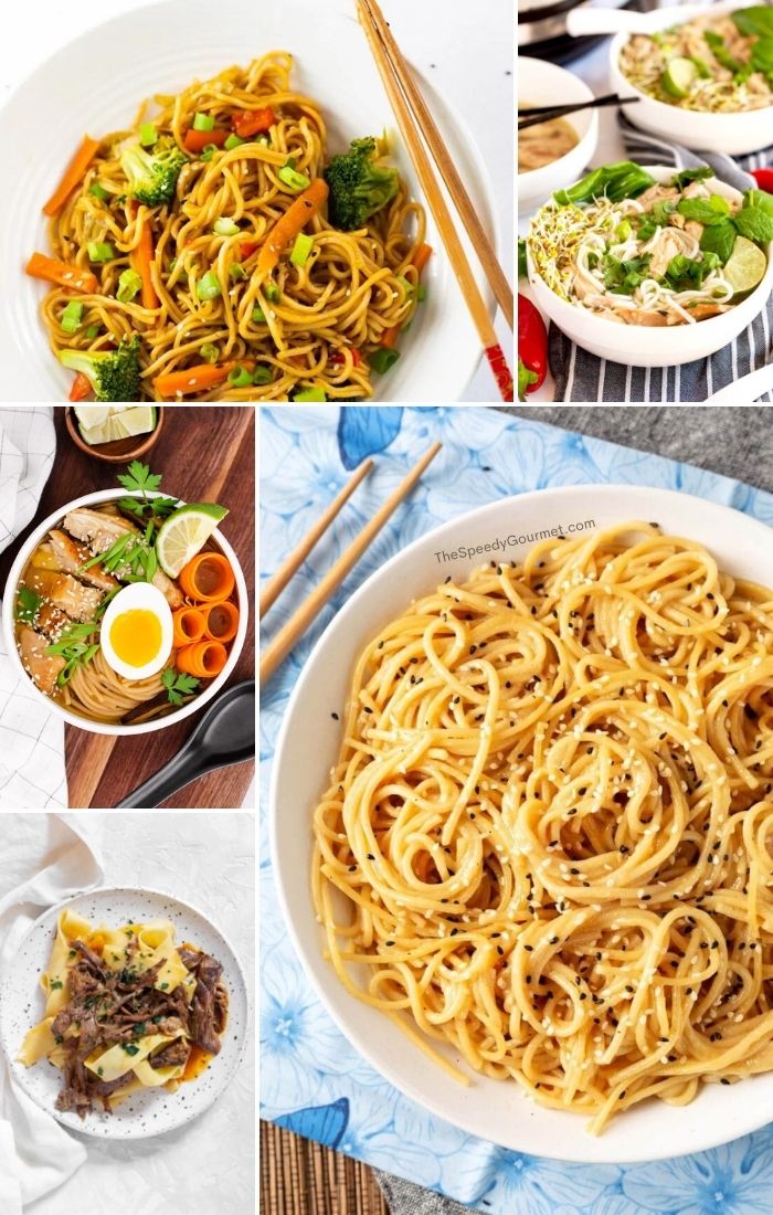 white bowls of colorful noodle recipes in a collage image